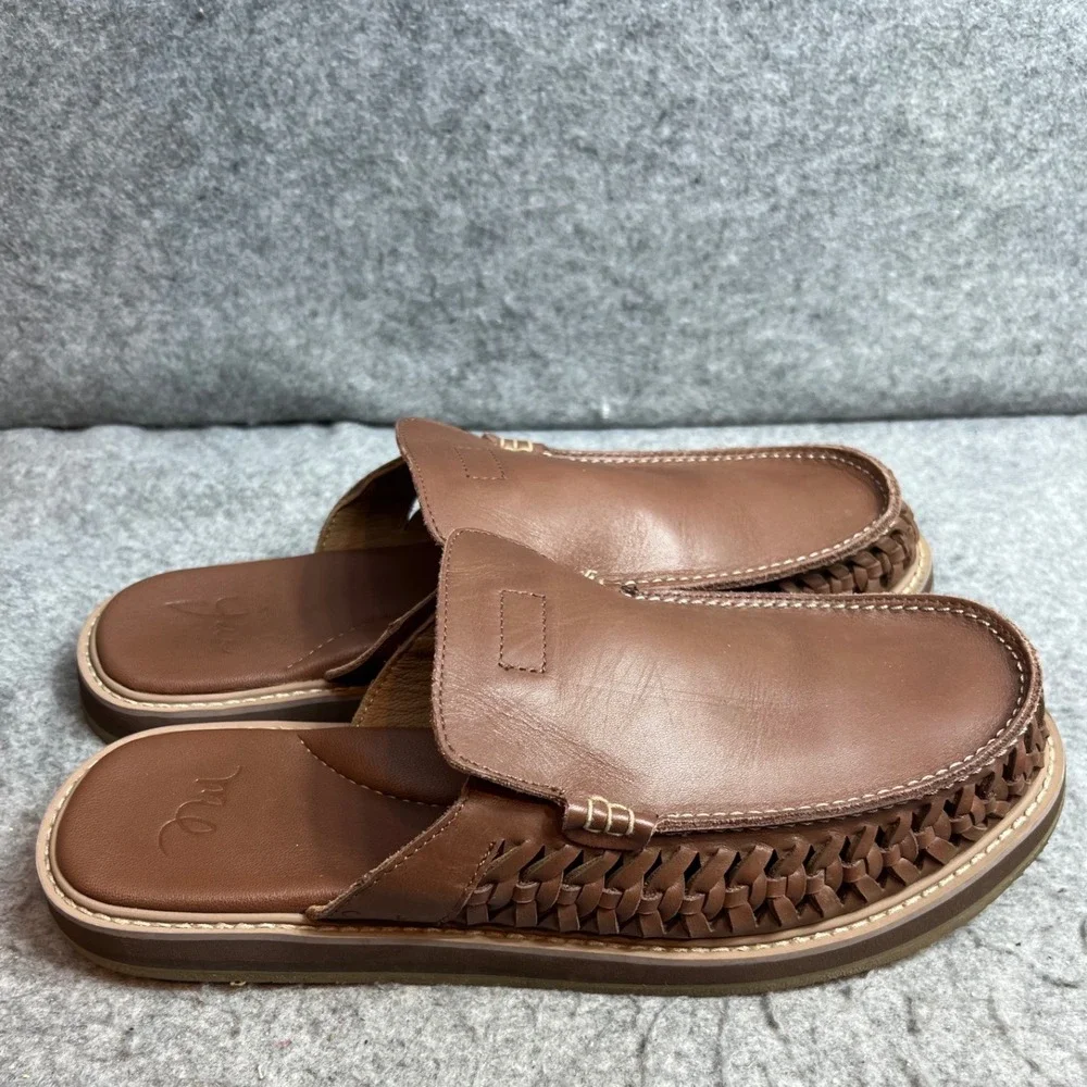 Sanuk You Me Mens Brown Leather Woven Huarache Mules Slip On Shoes Size 13